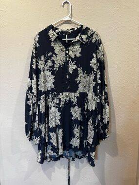 Free People Navy Blouse with Cream Floral Print